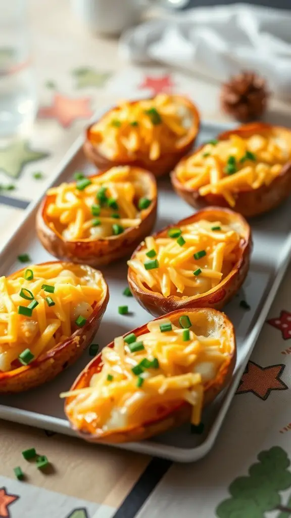 A plate of crispy potato skins topped with melted cheddar cheese and green onions.