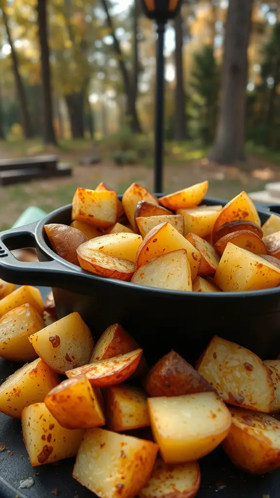 A cast iron skillet filled with crispy, golden potatoes, garnished with parsley, set against a natural outdoor backdrop.