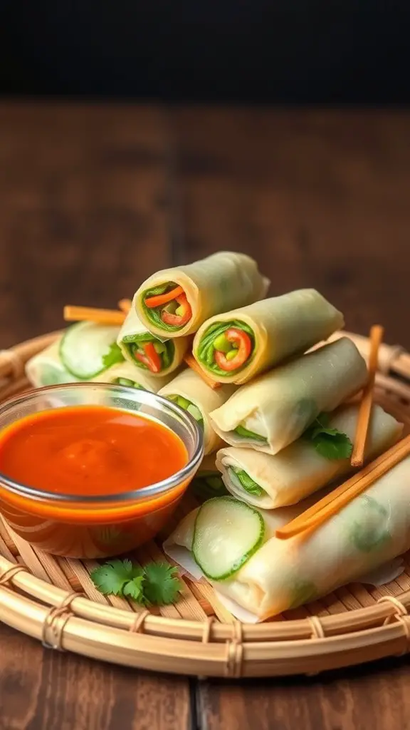 A plate of crispy vegetable spring rolls with a dipping sauce