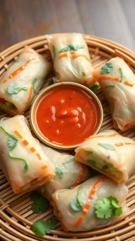 A plate of crispy vegetable spring rolls served with a dipping sauce.