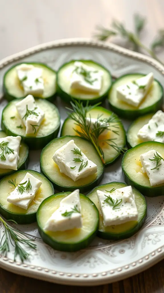 Cucumber rounds topped with feta cheese and dill on a decorative plate.