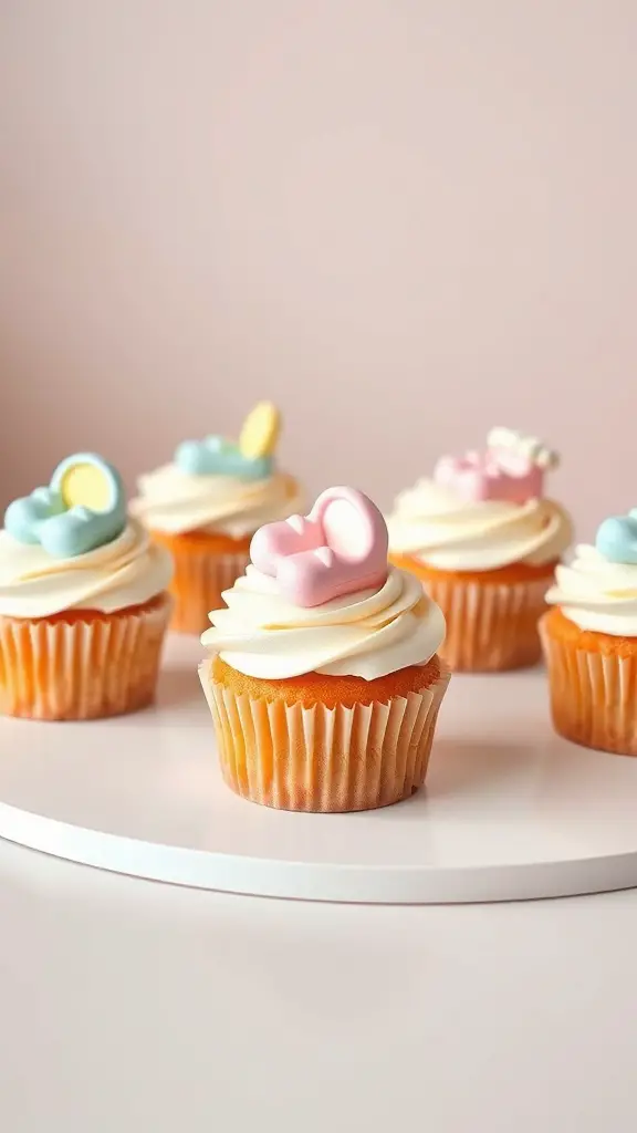 Cute baby-themed cupcakes with pastel colors and baby booties on top.