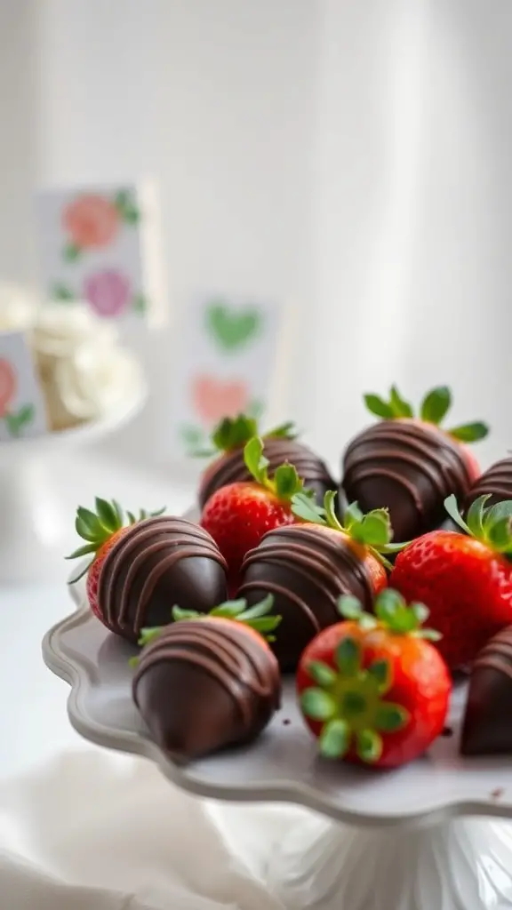 A plate of chocolate-covered strawberries, some drizzled with chocolate, displayed elegantly.