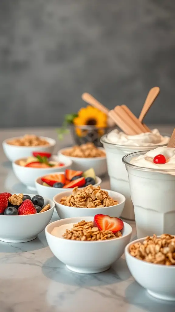 A yogurt and granola station with various toppings including fruits and granola.