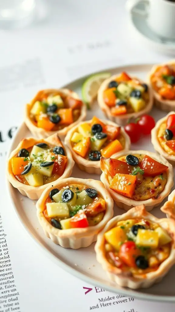 A platter of colorful mini quiches with various vegetables.