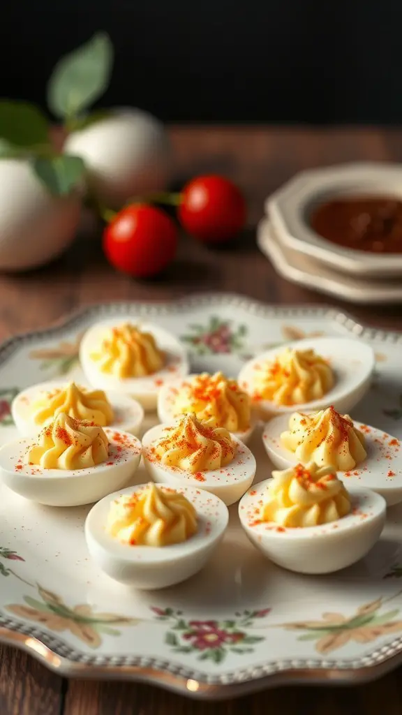 A plate of deviled eggs garnished with paprika, surrounded by cherry tomatoes and eggs.