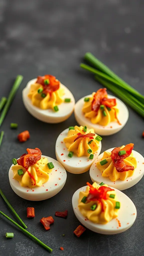 A platter of deviled eggs topped with bacon, chives, and paprika.