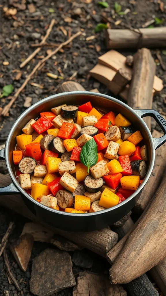 A Dutch oven filled with colorful ratatouille made from seasonal vegetables, set against a rustic outdoor backdrop.