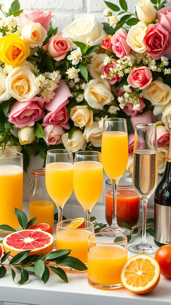 A beautifully arranged mimosa bar with various drinks, fruits, and flowers.