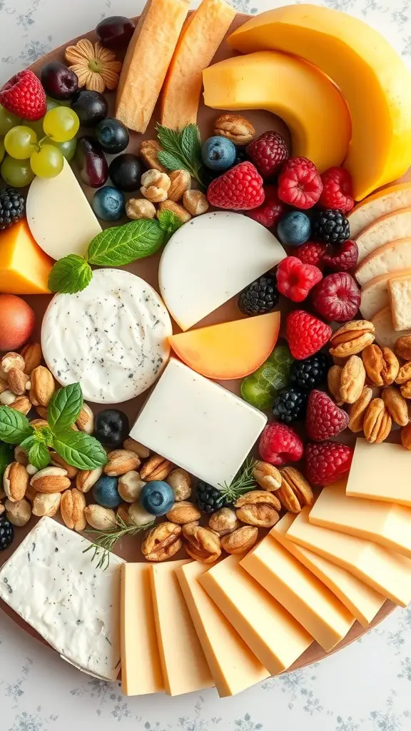 A beautifully arranged fruit and cheese board featuring various cheeses, fresh fruits, nuts, and herbs.