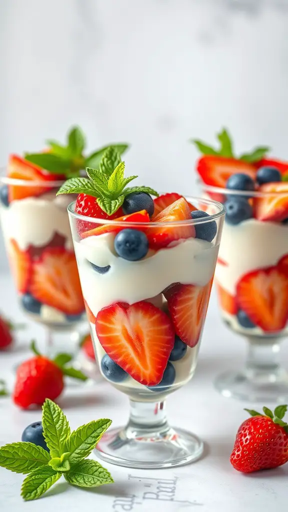Three fruit and yogurt parfaits with strawberries and blueberries, garnished with mint leaves.