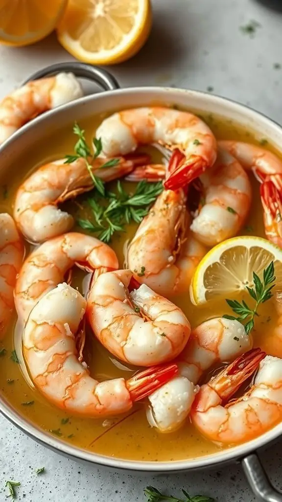 A bowl of shrimp marinated in garlic butter and lemon, garnished with herbs and lemon slices.