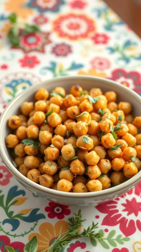 A bowl of garlic Parmesan roasted chickpeas on a colorful floral tablecloth.
