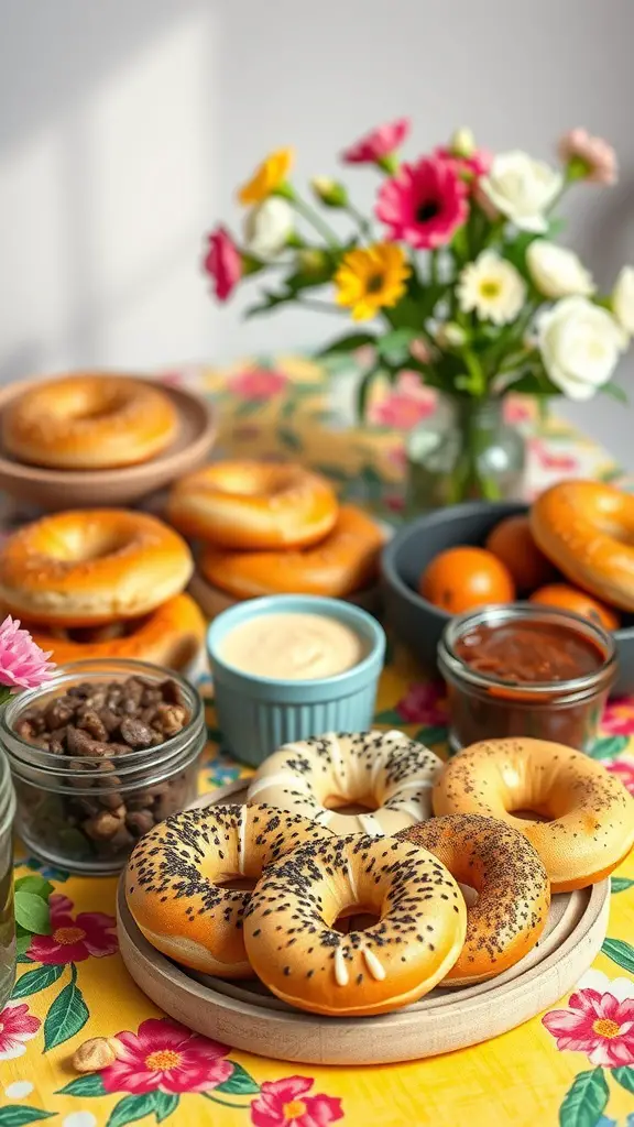 A colorful gourmet bagel bar with various bagels, spreads, and fresh flowers.