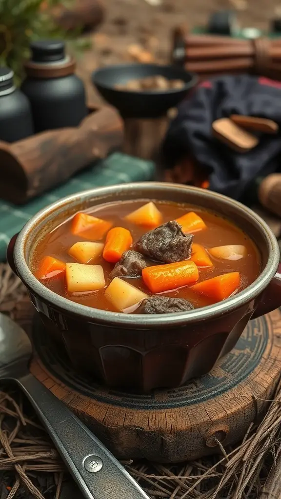 A bowl of hearty beef stew with root vegetables, set on a wooden surface, surrounded by camping gear.