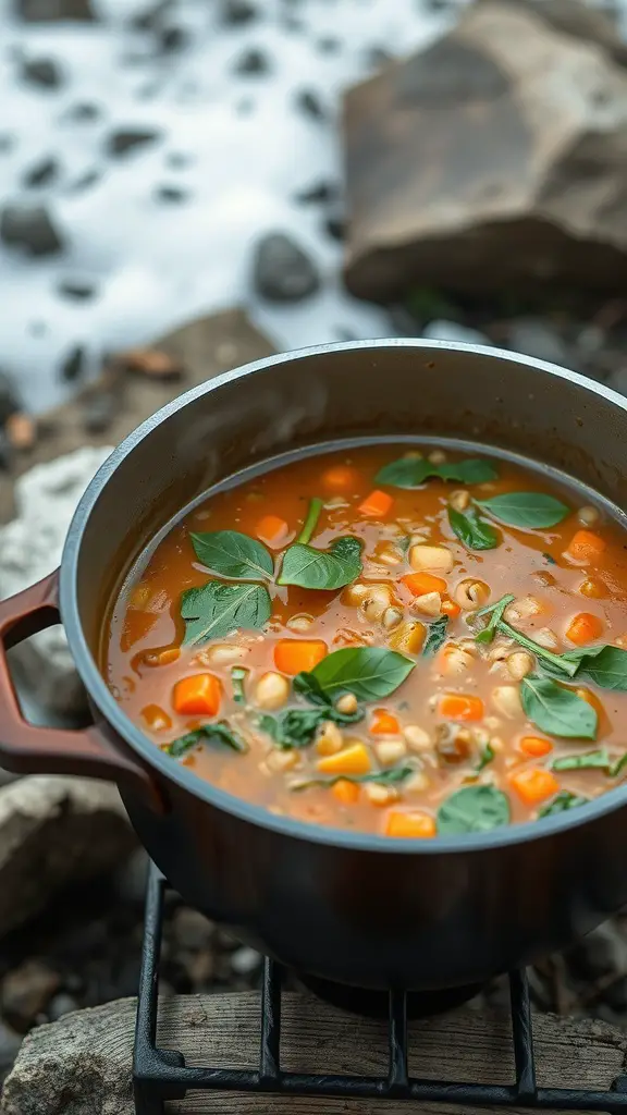A pot of hearty lentil soup with spinach and vegetables, simmering over a campfire.