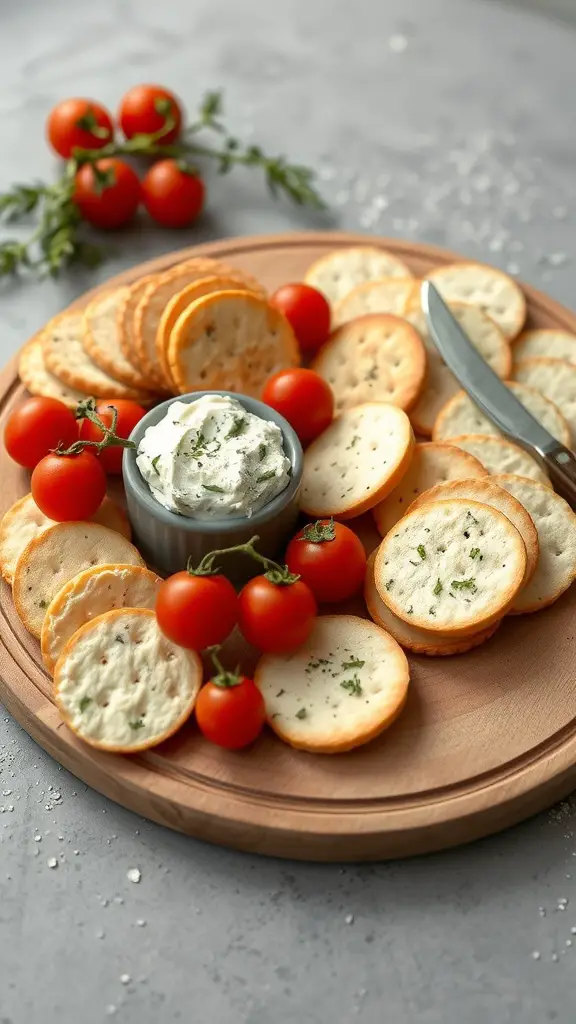 A wooden platter with herbed cream cheese spread in a bowl, surrounded by crackers and cherry tomatoes.