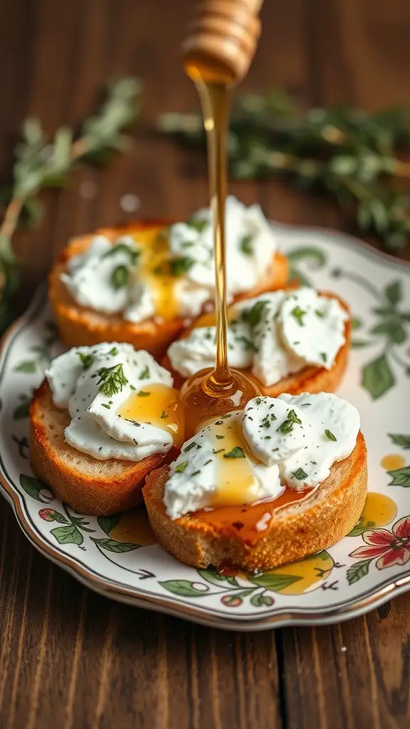 Herbed goat cheese crostini topped with honey and fresh herbs on a decorative plate