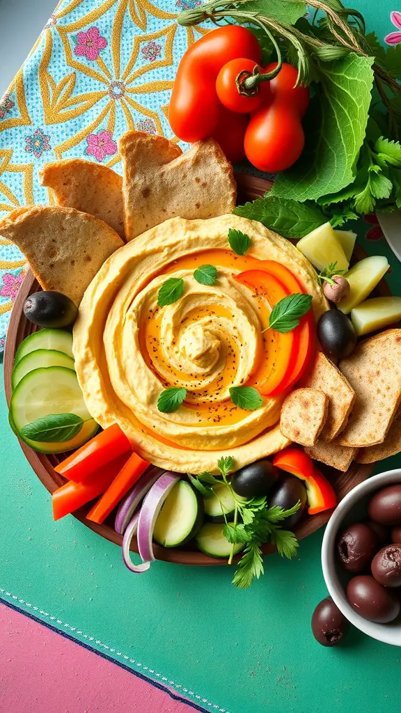 A Mediterranean hummus platter with colorful vegetables, pita chips, and olives.