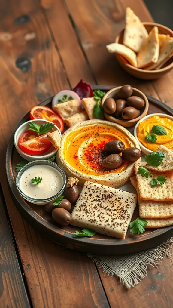 A vibrant Mediterranean hummus platter with colorful vegetables and pita bread.