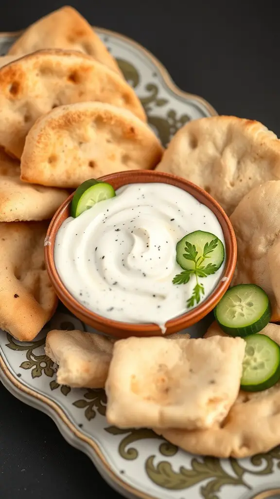A bowl of tzatziki sauce with pita bread and cucumber slices on a decorative plate.
