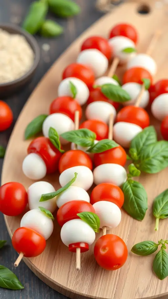 Mini Caprese skewers with cherry tomatoes, mozzarella, and basil on a wooden board