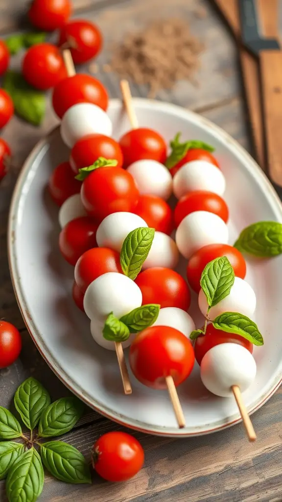 Mini Caprese skewers with cherry tomatoes, mozzarella, and basil