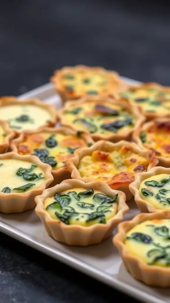 A platter of mini quiches with assorted fillings, showcasing a variety of colors and textures.