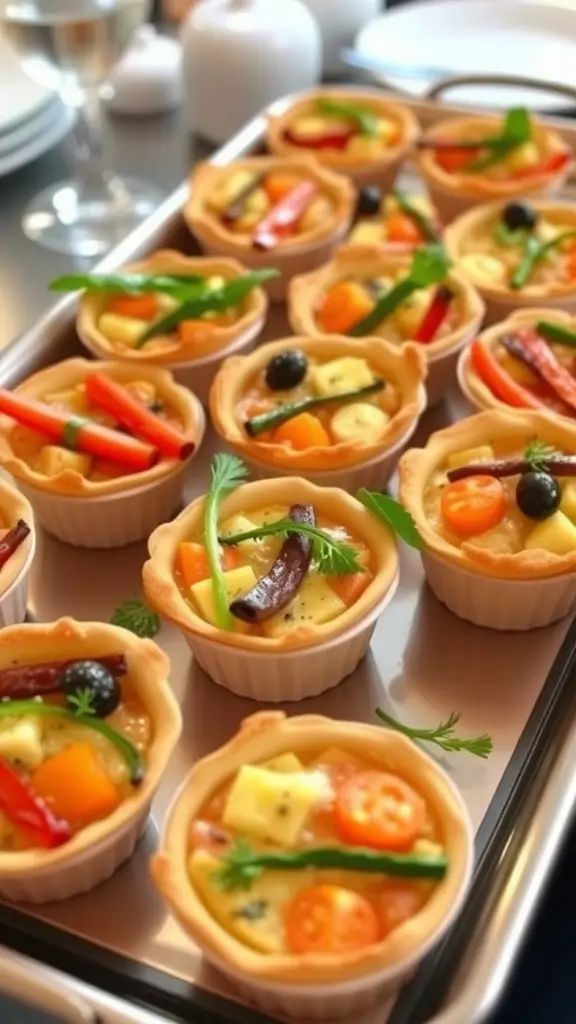 A tray of mini quiches filled with colorful vegetables, perfect for happy hour appetizers.