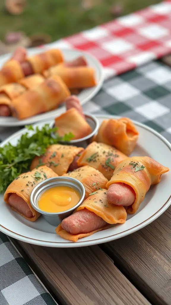 A plate of pigs in a blanket with mustard on a picnic table