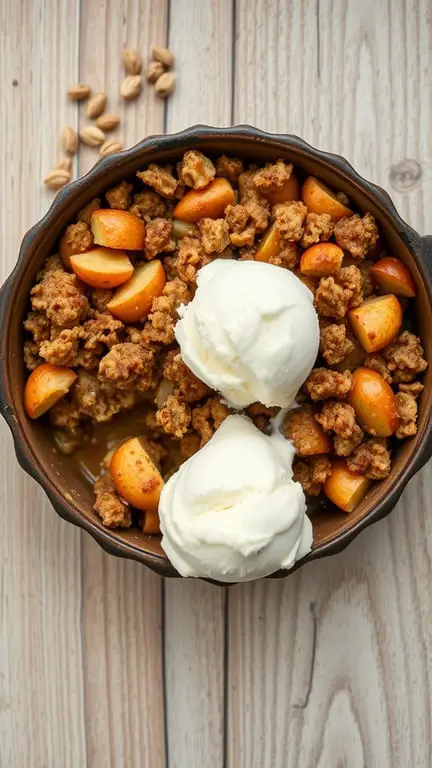 A bowl of apple crisp topped with oat mixture and two scoops of vanilla ice cream.