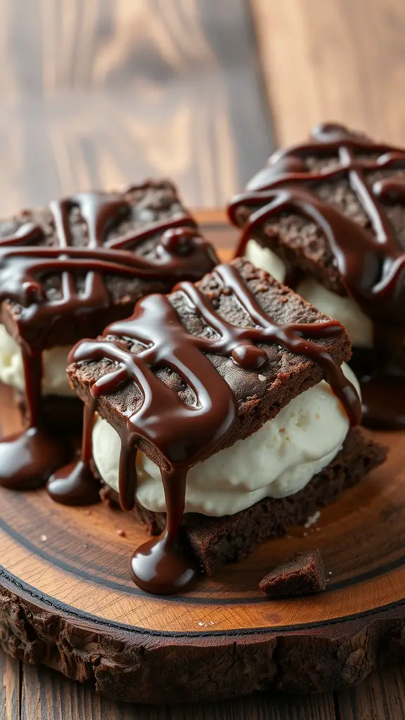 Brownie ice cream sandwiches drizzled with fudge sauce on a wooden platter.