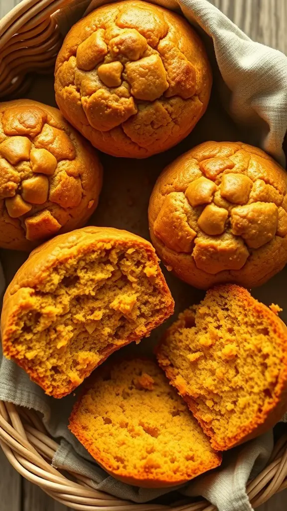 A basket of keto pumpkin spice muffins, some whole and some cut open, showcasing their fluffy texture and golden color.
