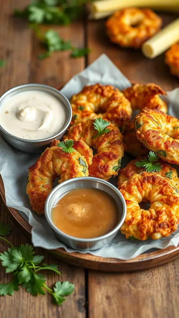 A plate of shrimp and zucchini fritters with dipping sauces