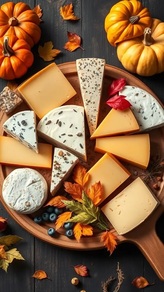 A fall charcuterie board featuring various cheeses, pumpkins, and autumn leaves.