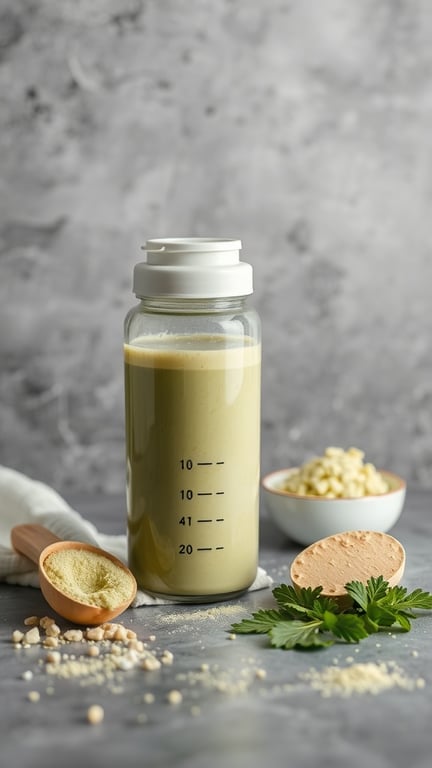 A matcha protein shake in a clear bottle with matcha powder and ingredients on the side.