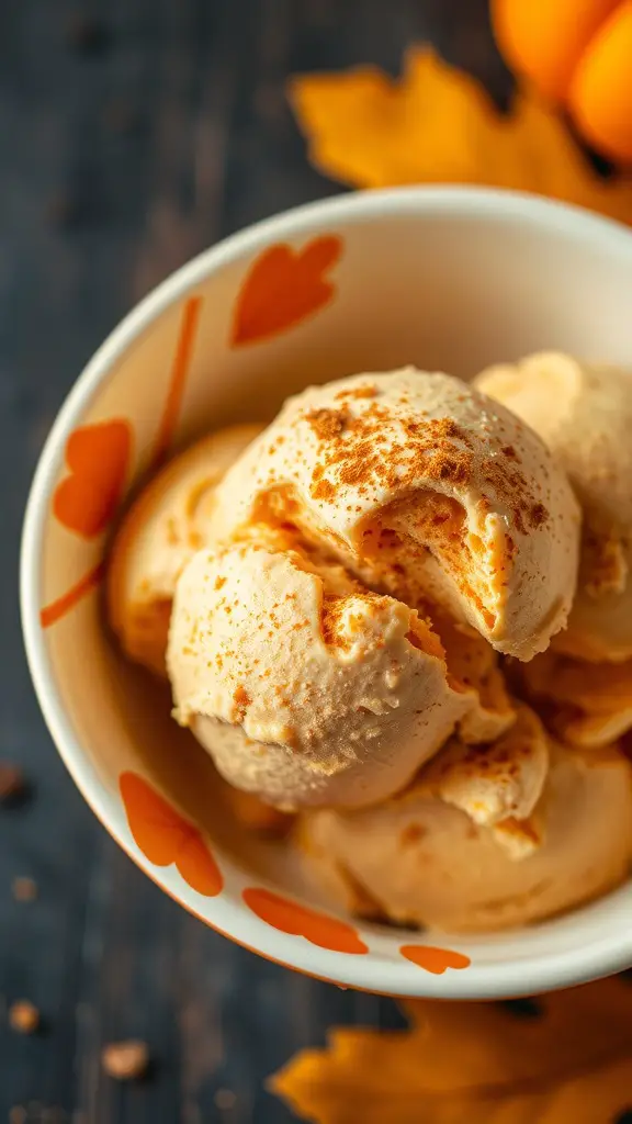 A bowl of pumpkin spice ice cream with a sprinkle of spice on top, surrounded by autumn leaves and pumpkins.