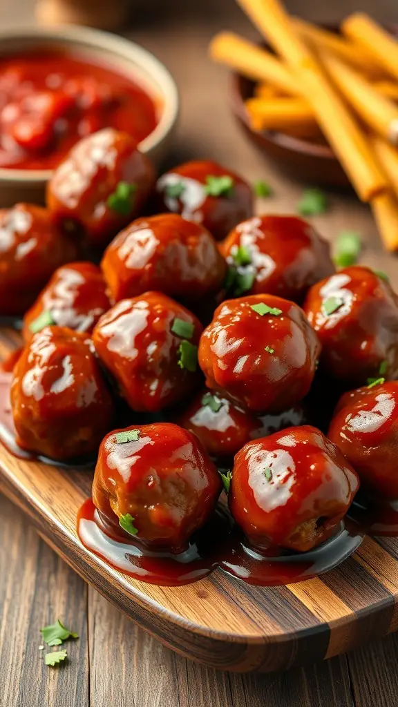 A platter of mini BBQ meatballs covered in tangy sauce, garnished with green herbs, alongside breadsticks.