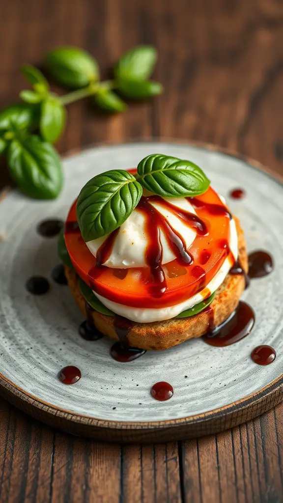 A Caprese English muffin topped with tomato, mozzarella, basil, and balsamic glaze on a plate.