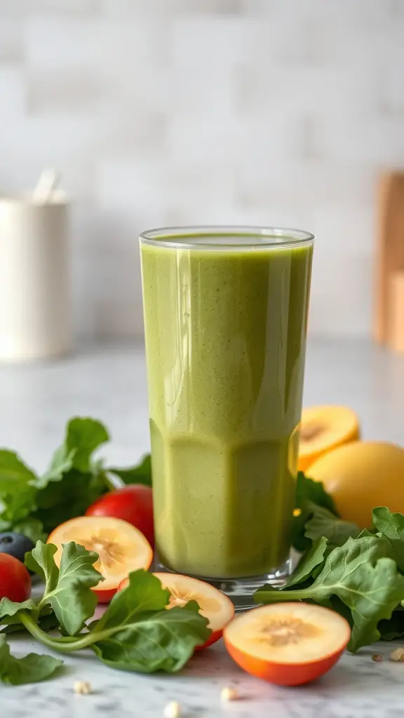 A green smoothie made with spinach, surrounded by fresh fruits and spinach leaves.