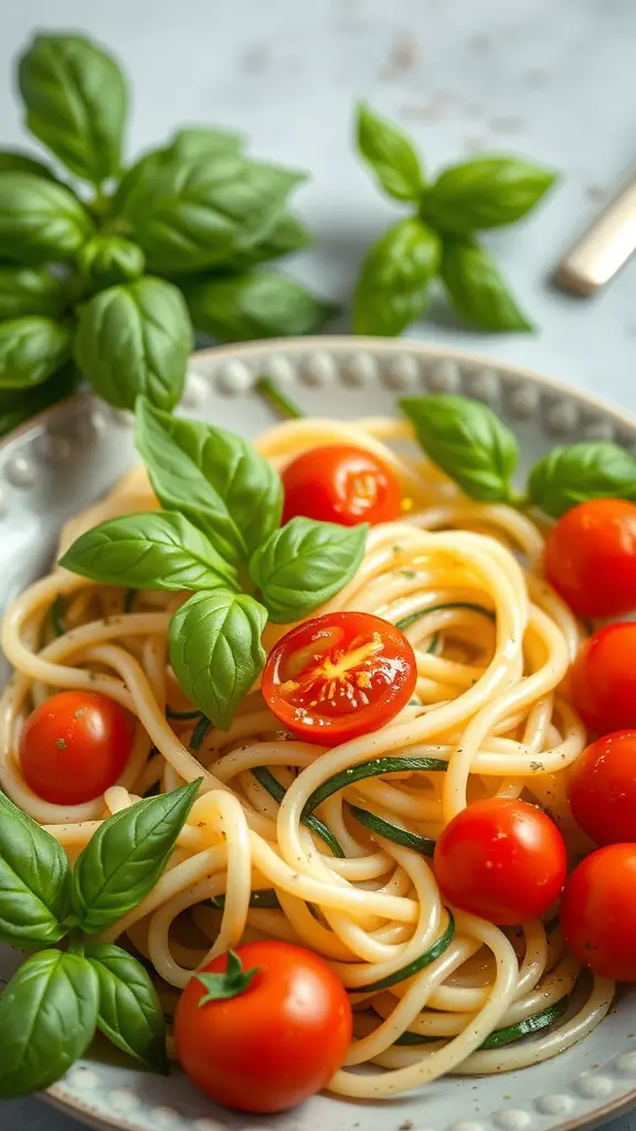 A bowl of zucchini noodles topped with cherry tomatoes and fresh basil leaves.