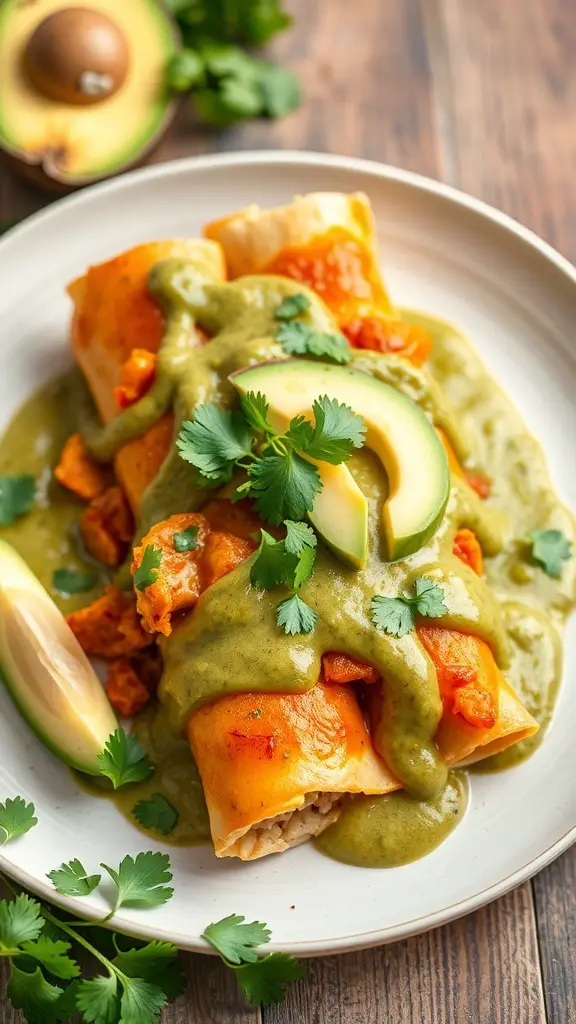 A plate of spicy chicken enchiladas topped with green sauce, avocado slices, and cilantro.