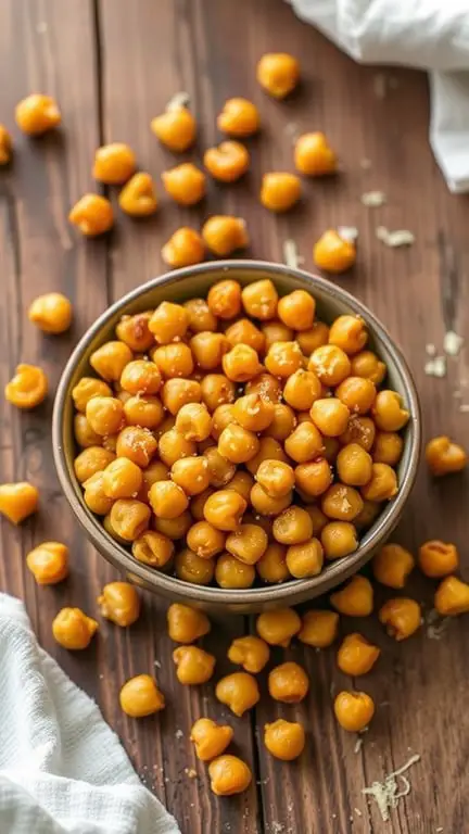 A bowl of golden roasted chickpeas with garlic and Parmesan seasoning on a wooden table.