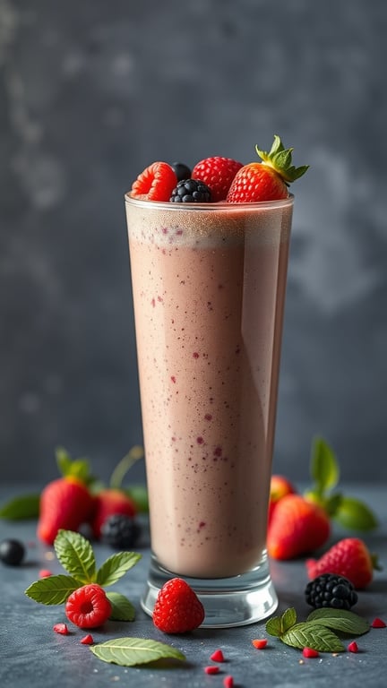 A tall glass of Matcha Berry Smoothie topped with fresh berries and mint leaves.