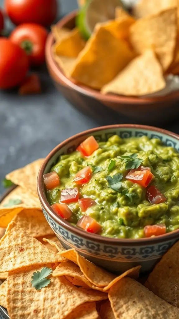 A bowl of guacamole with diced tomatoes and cilantro, surrounded by tortilla chips.