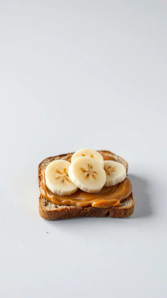 A slice of toast topped with peanut butter and banana slices.