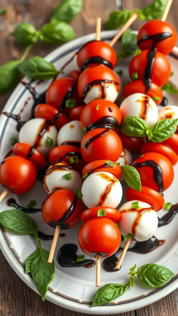 A plate of Caprese skewers with cherry tomatoes, mozzarella balls, and basil, drizzled with balsamic glaze.