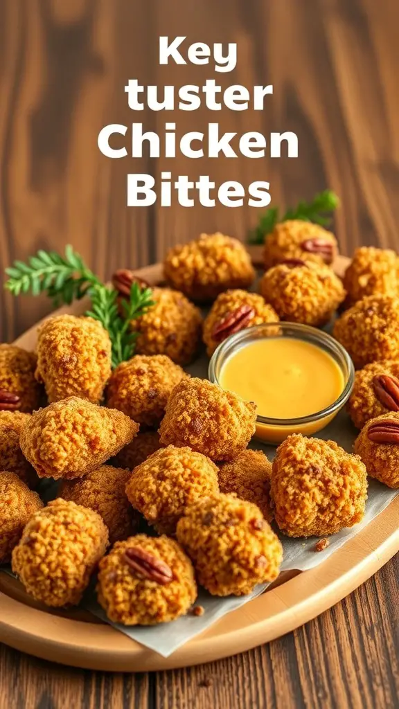 A platter of pecan-crusted chicken bites with a small bowl of dipping sauce