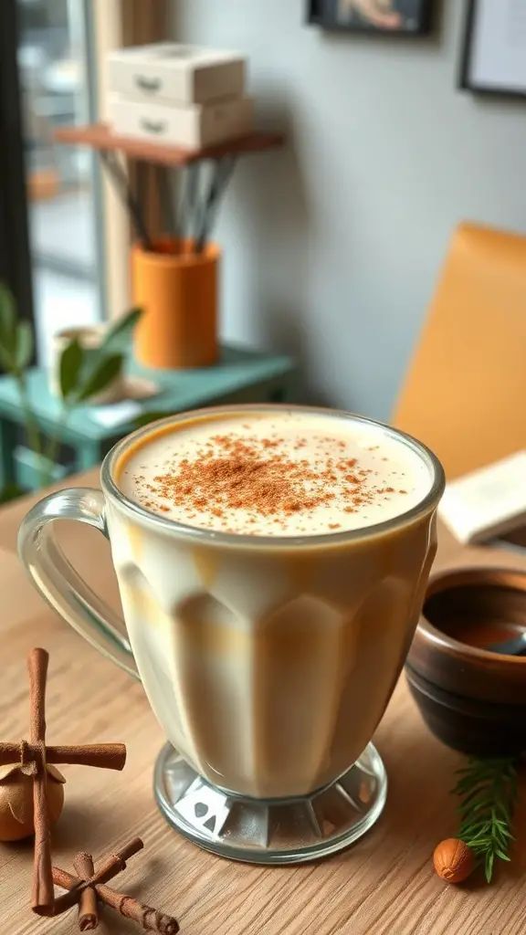 A Vanilla Chai Latte with Almond Milk topped with cinnamon, placed on a wooden table with cinnamon sticks and a small bowl.