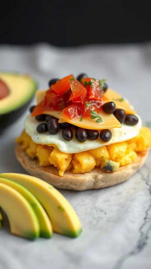 A delicious Breakfast Burrito English Muffin topped with scrambled eggs, black beans, cheese, and fresh tomatoes, served with avocado slices.